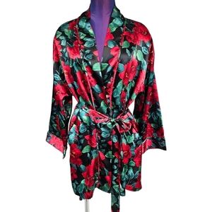 Vintage 90s Victoria's Secret Black & Red Satin Kimono Robe One Size Women's O62